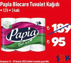 PAPİA BİOCARE TUVALET KAĞIDI 12'Lİ 3 KATLI